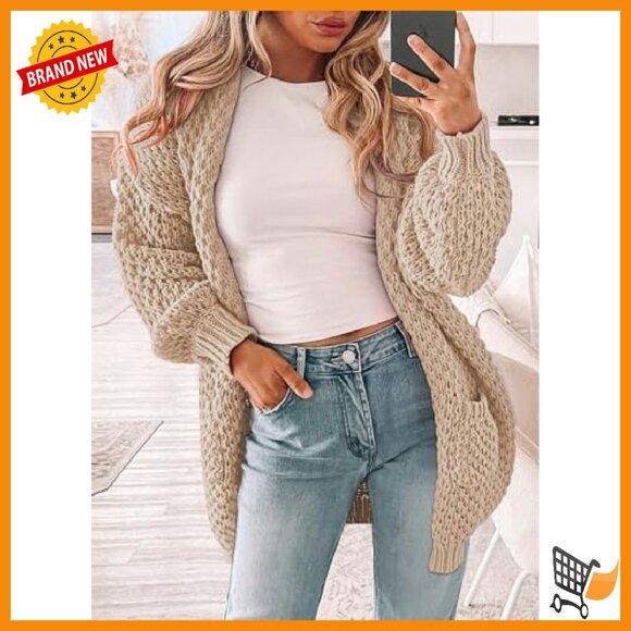 Oversized Chunky Knit Cardigan with Lantern Sleeves and Pockets - Picture 4 of 8